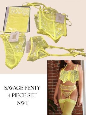 Savage X Fenty Daisy Yellow Floral 4-Piece Lingerie Set Lot NWT